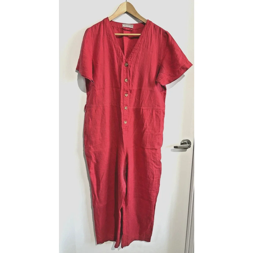 Everlane 100% Linen Short Sleeve Cropped Leg Jumpsuit in Tomato red Size 12